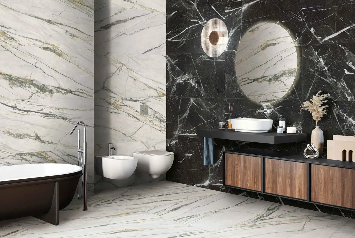 Calacatta Bamboo Antique 3D en un ba&ntilde;o
