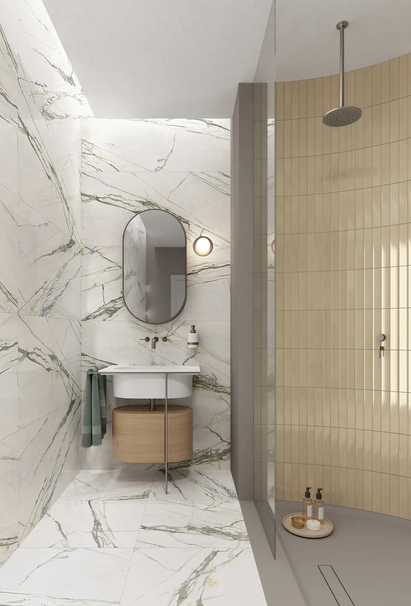 Calacatta Bamboo Antique 3D en un ba&ntilde;o